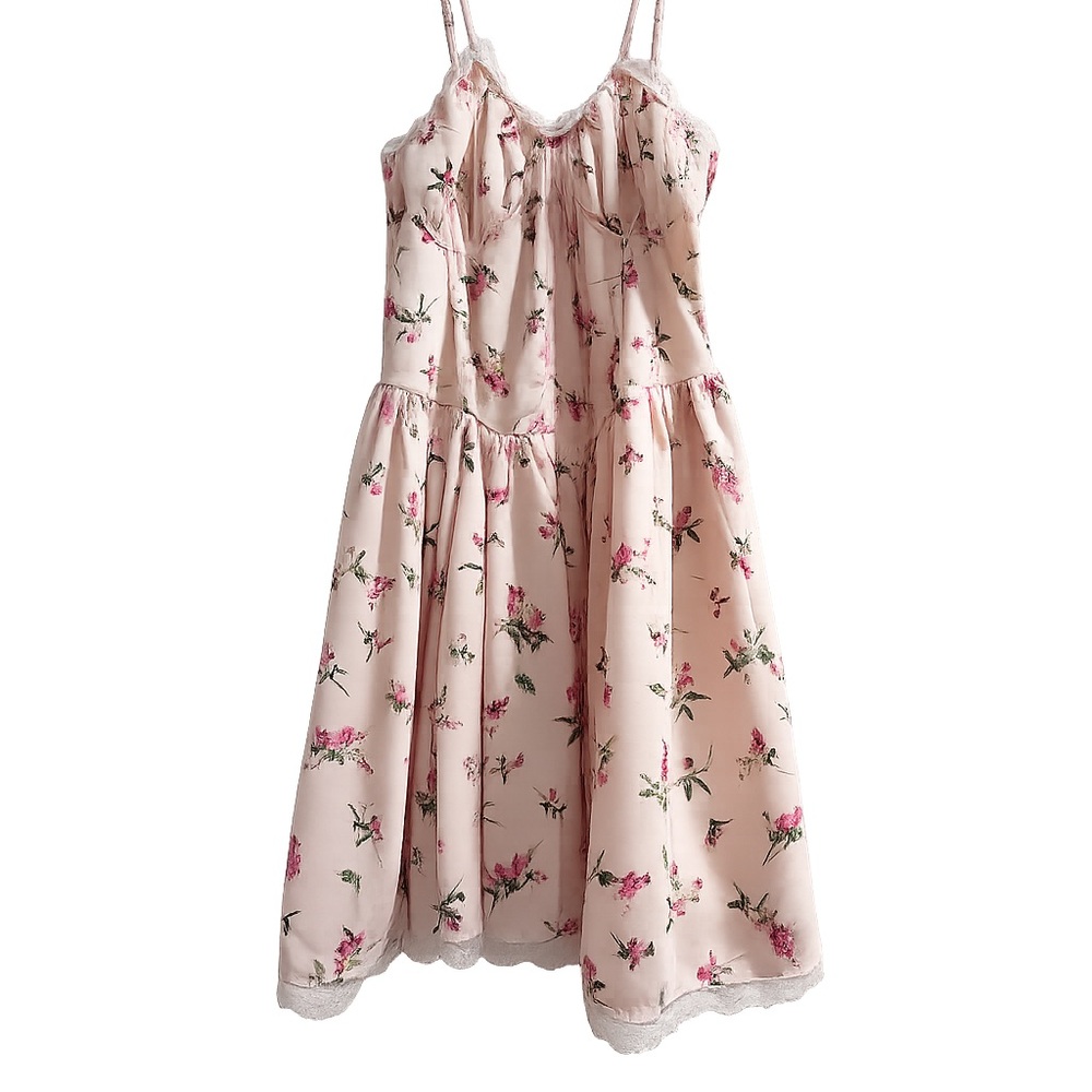 Thirty Thirty Pink Floral Milkmaid Dress Medium Cottagecore Coquette Medium